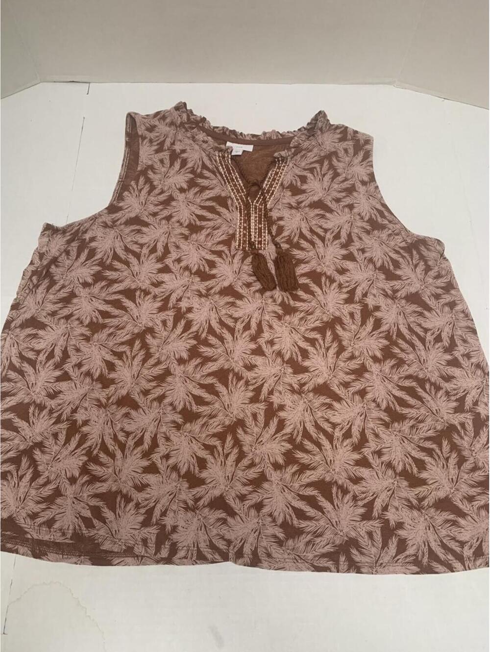 J Jill Brown Palm Print Sleeveless Top Blouse Shirt SIze XL